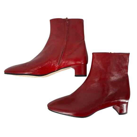 Zara Red Leather Ankle Boots Mid Heel Mid Century Modern Style Size 37 - Picture 4 of 11